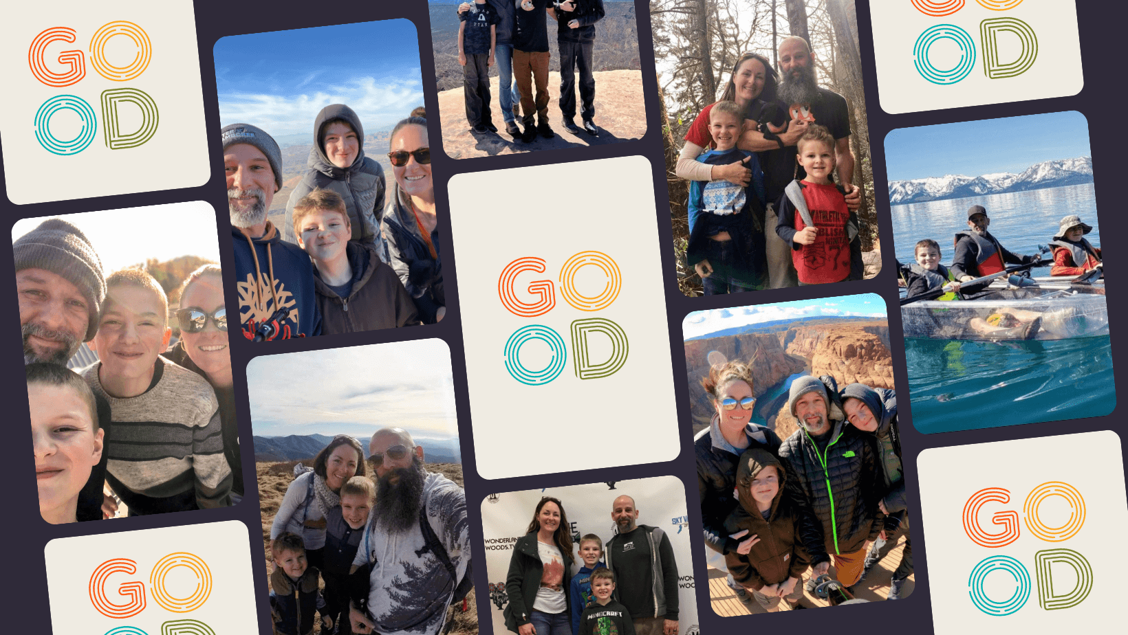 A collage of various family photos showing people smiling together outdoors. Some are hiking, some kayaking, and others posing with picturesque landscapes behind them. The word GOOD appears in colorful letters in several frames.