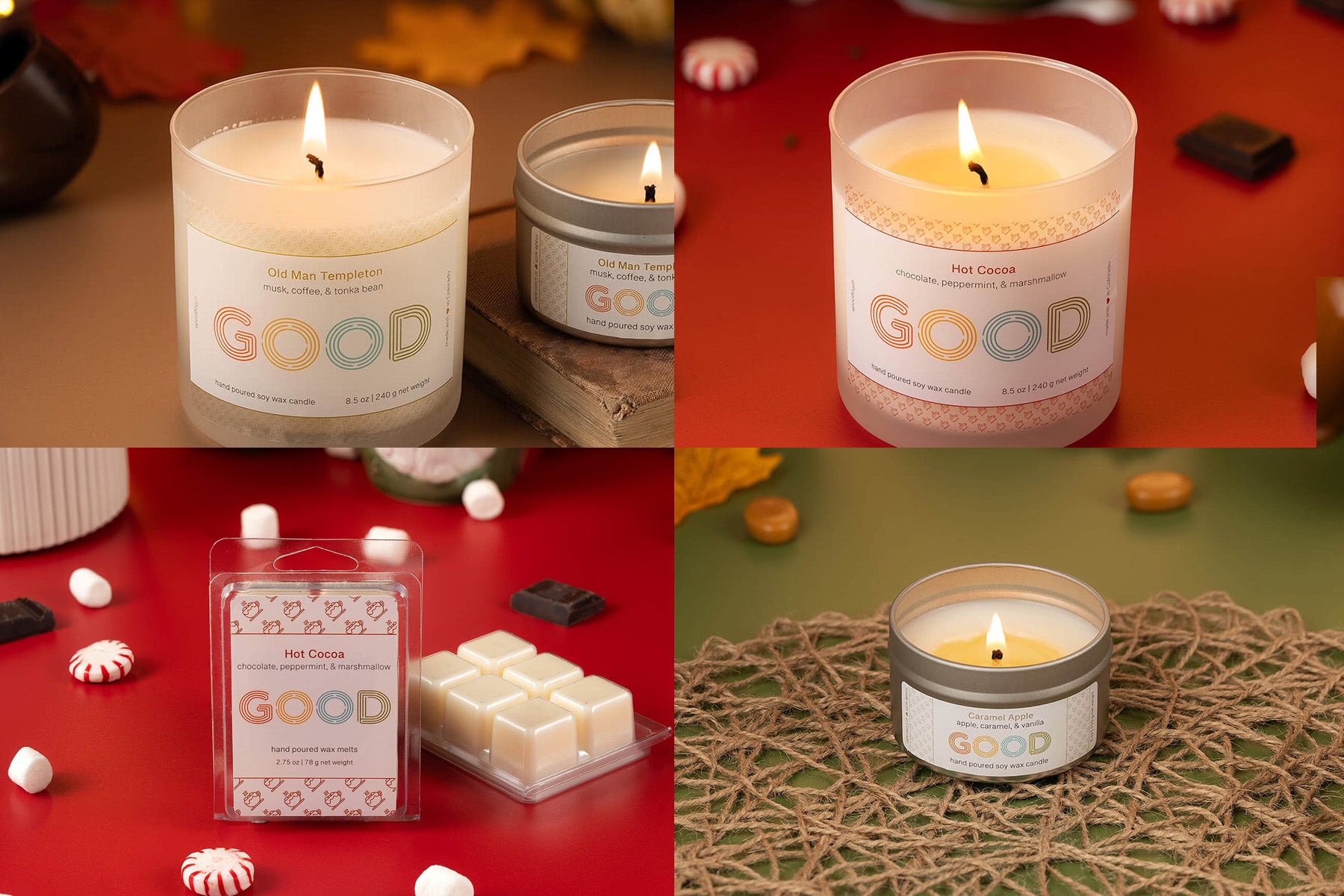 A collage of four images features "GOOD" branded Old 2024 Stock soy wax candles and wax melts, including scents like Old Man Templeton and Hot Cocoa, shown in frosted and clear glass on colorful backgrounds with decorative accents.